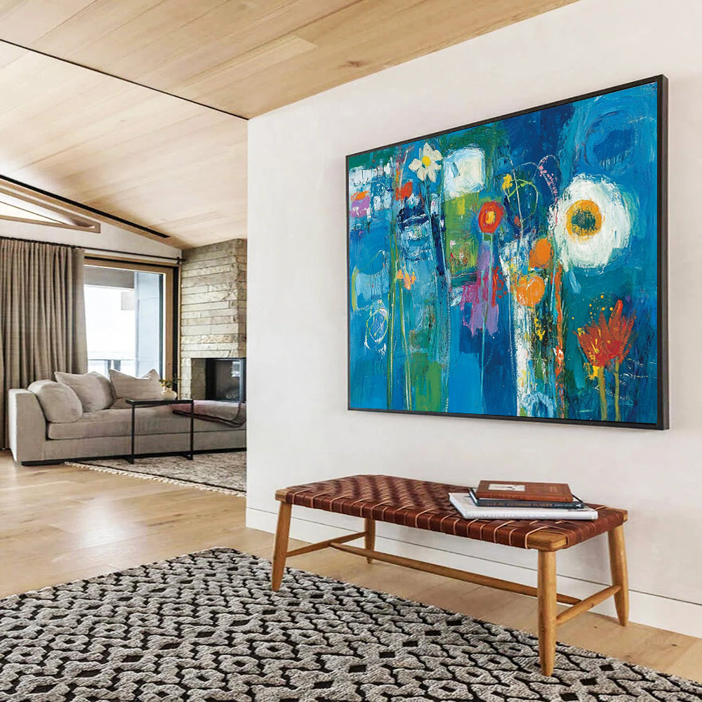 “Blue Floral Fantasy” - Deep blues, greens, oranges, whites; Abstract flowers in a vibrant blue dream; Expressionistic Acrylic Painting On Canvas HB1182