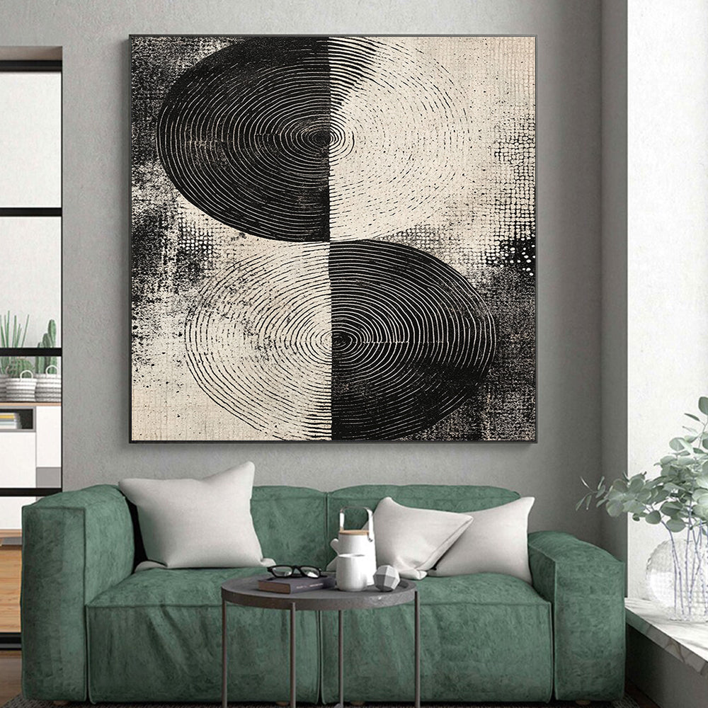 Black and White Split Circles "Dual Rhythm" Painting On Canvas HB253