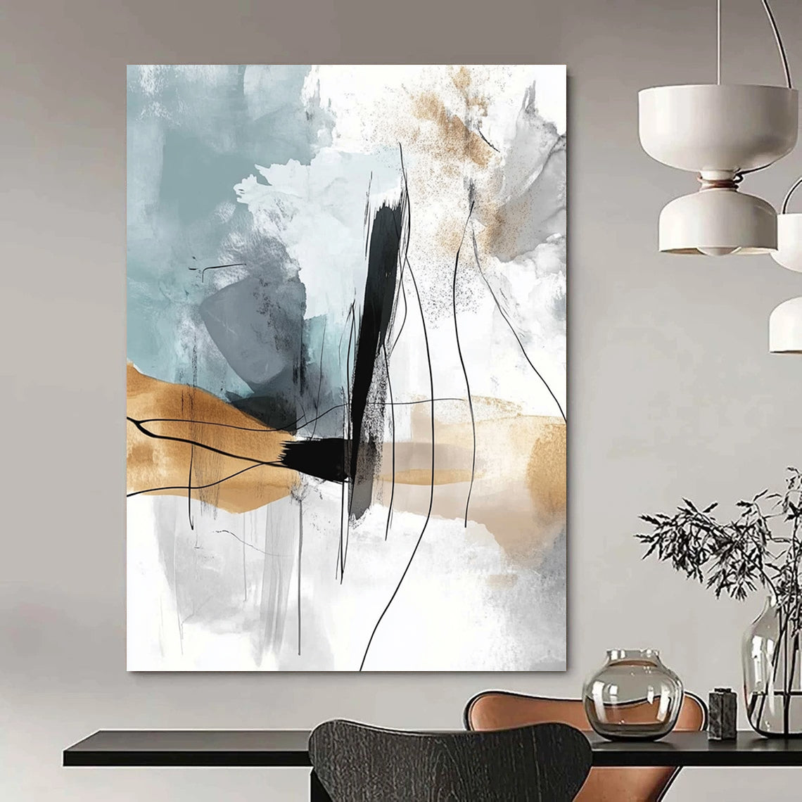Large contemporary abstract painting featuring soft lines and shapes with a light gray-blue background and flowing watercolor effects in a warm beige palette. DLZ0769
