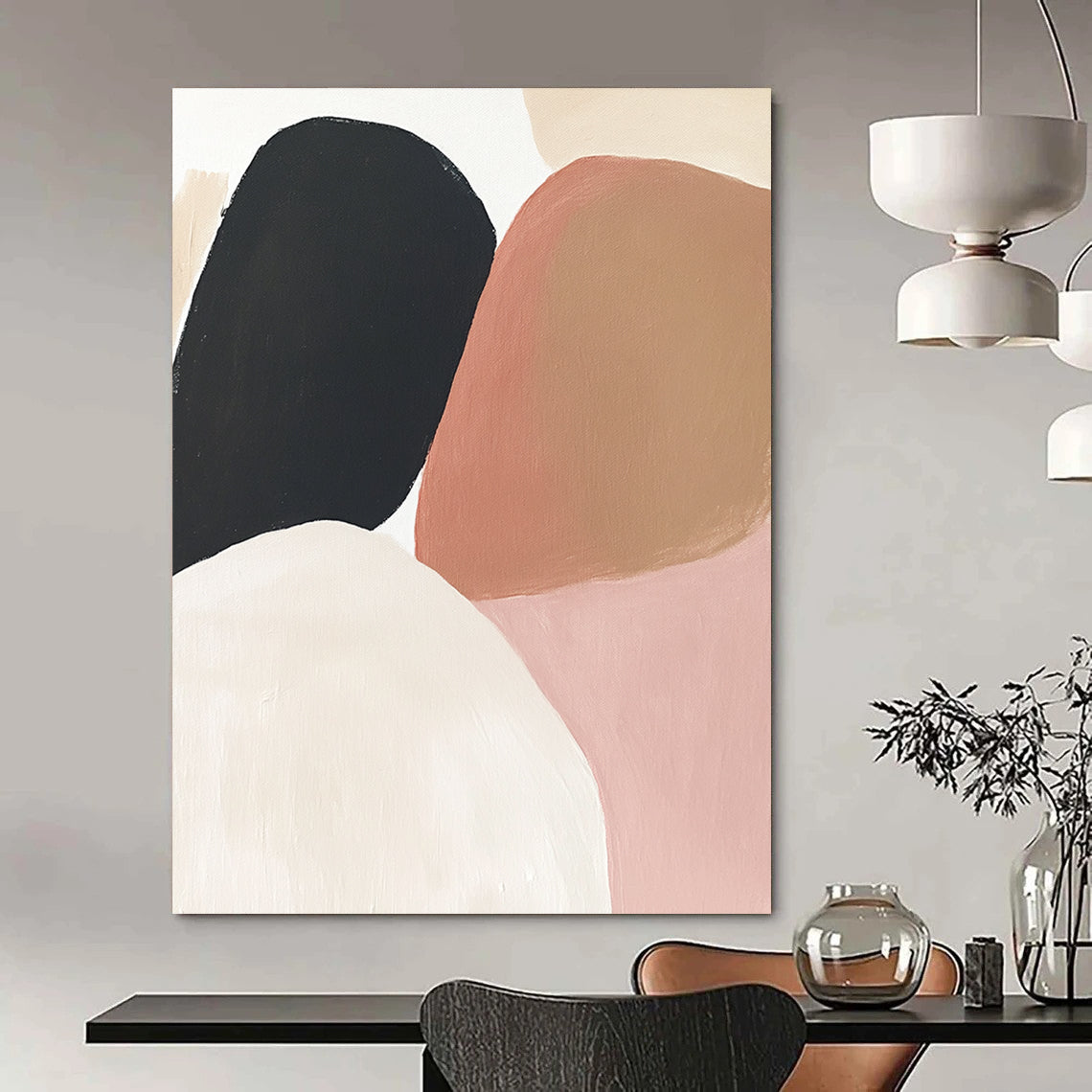 Contemporary hand-painted abstract artwork featuring earthy tones of soft pink, beige, brown, and black on a clean white background. DLZ0800