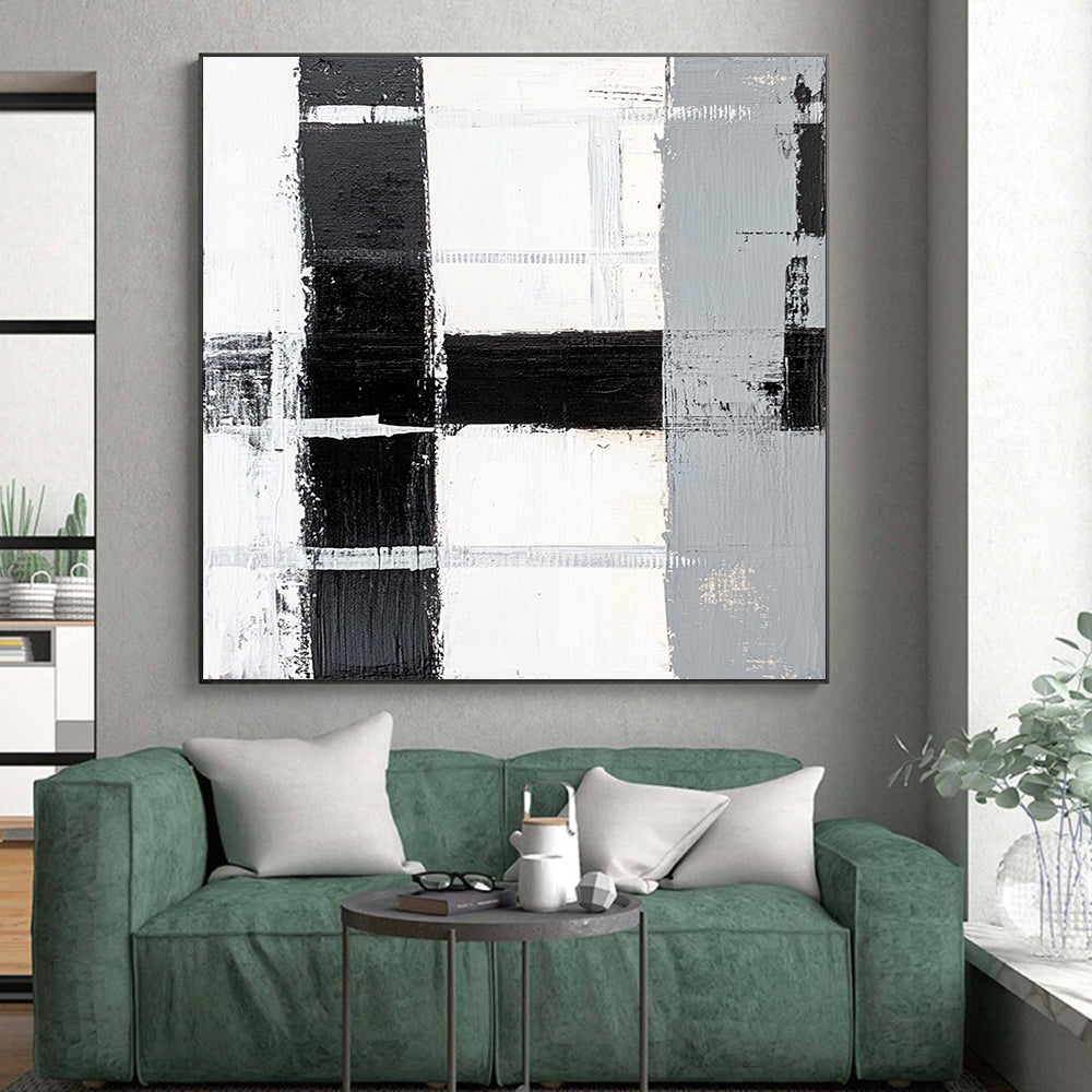 Black, White, Gray, Patchwork Squares "Monochrome Patchwork" Abstract Minimalist Painting On Canvas HB160