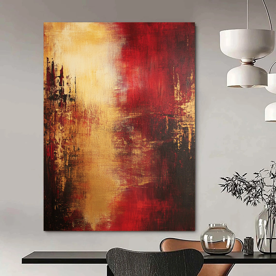 Contemporary hand-painted abstract artwork features atmospheric reds and yellows with an impressionistic cityscape embodying emotional depth and dramatic lighting. DLZ0693