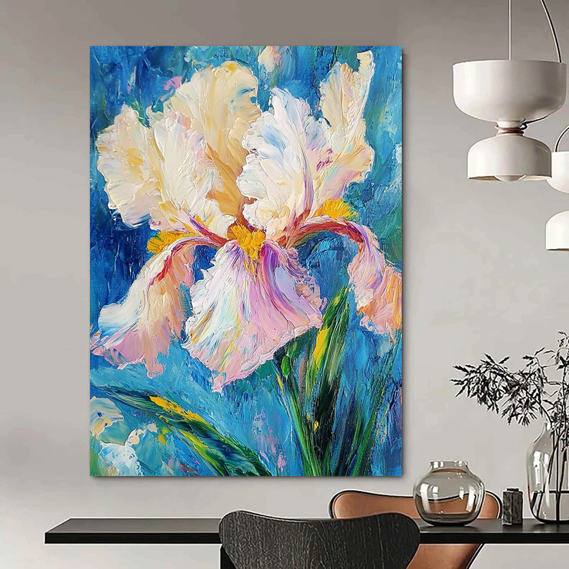 Contemporary abstract art featuring an iris flower with thick impasto brush strokes in white and pink, yellow hints, and teal green leaves against a blue background. DLZ1671