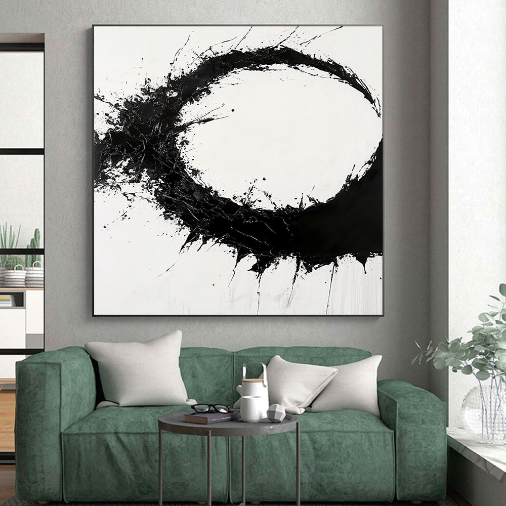 Black Splattered Circular Ink - “Dynamic Enso Energy” Painting On Canvas HB231