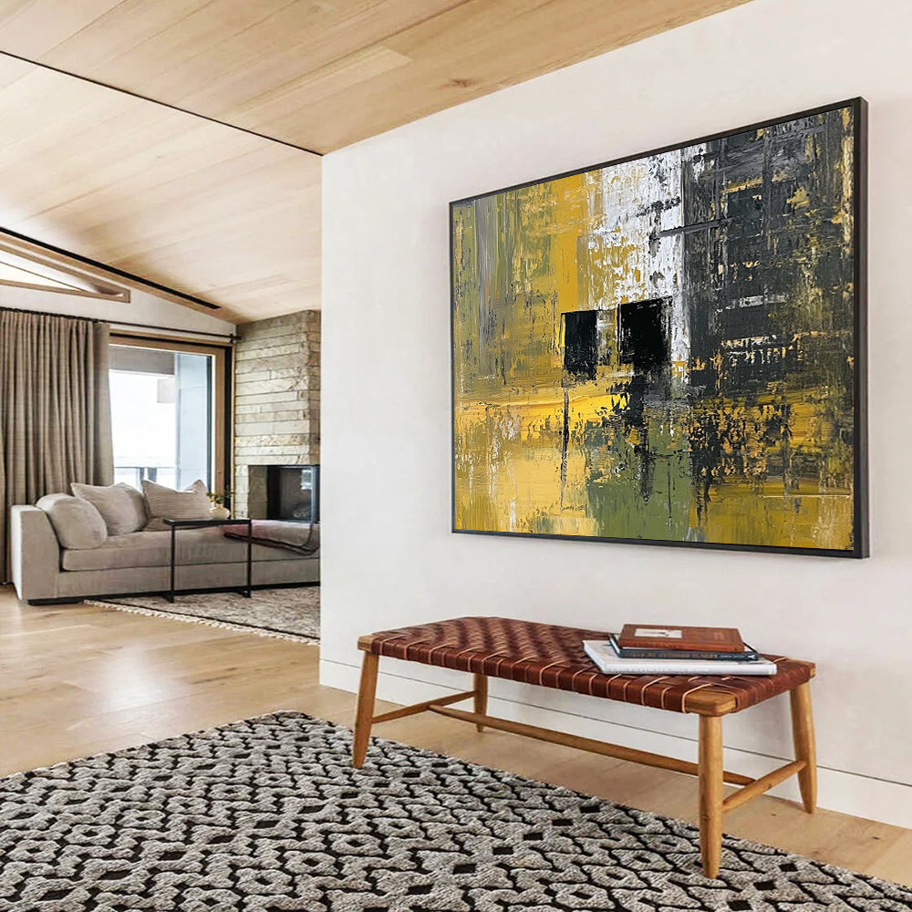 “Industrial Yellow - Green Abstract” - Yellow, Green, Black with Geometric Shapes - Painting On Canvas HB1397