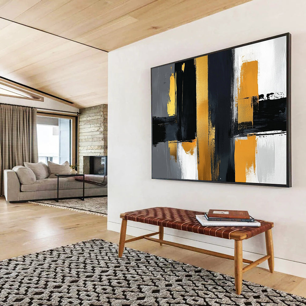“Geometric Gold - Black Columns” - Gold, Black, Gray, Geometric Columns Painting On Canvas HB0807