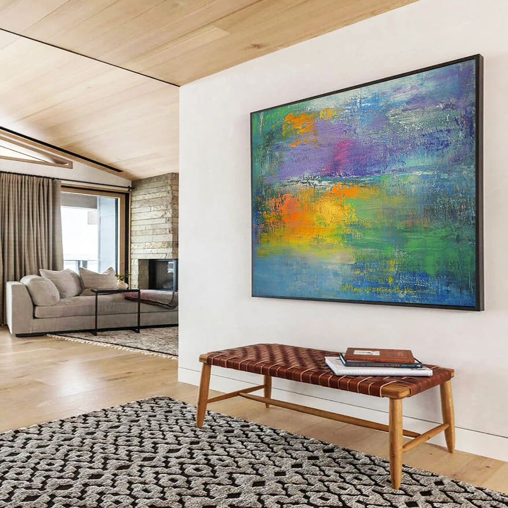 “Colorful Abstract Landscape” - Green, blue, purple, orange, yellow; Colorful abstract landscape with thick brushstrokes; Oil Painting On Canvas HB1275
