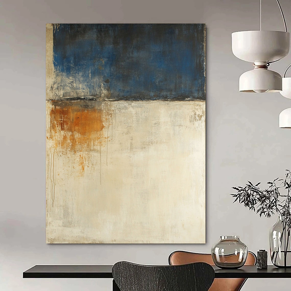 Contemporary abstract painting features a beige and blue palette large brush strokes and moody landscape with earthy tones and white spaces. DLZ0695