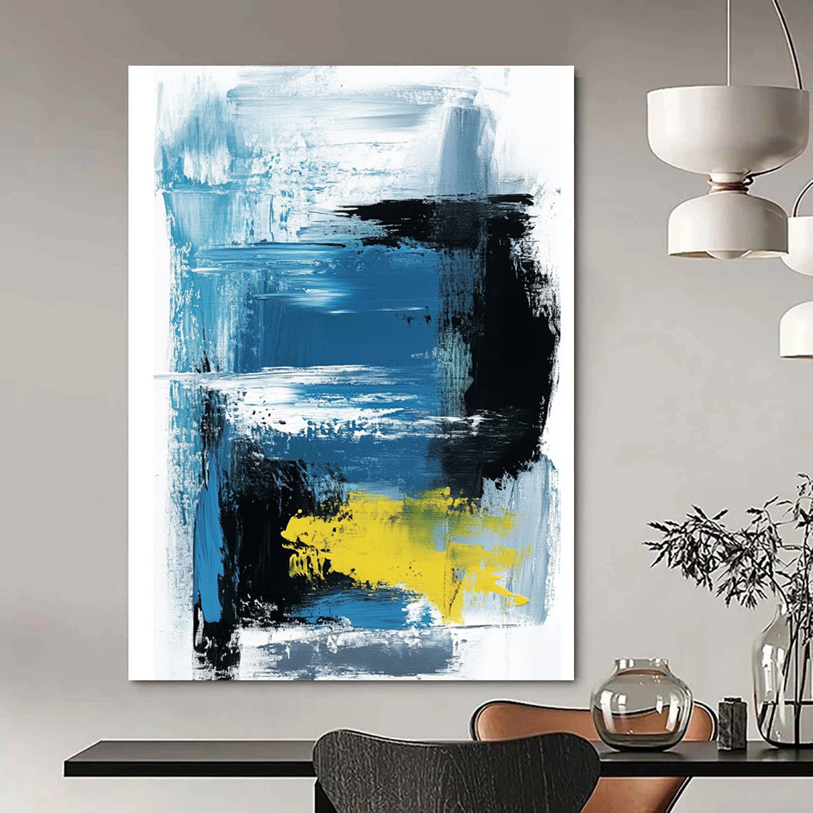 Large contemporary hand-painted abstract artwork featuring thick brush strokes and lines in light blue black and yellow on a white background by Amippo. DLZ1702