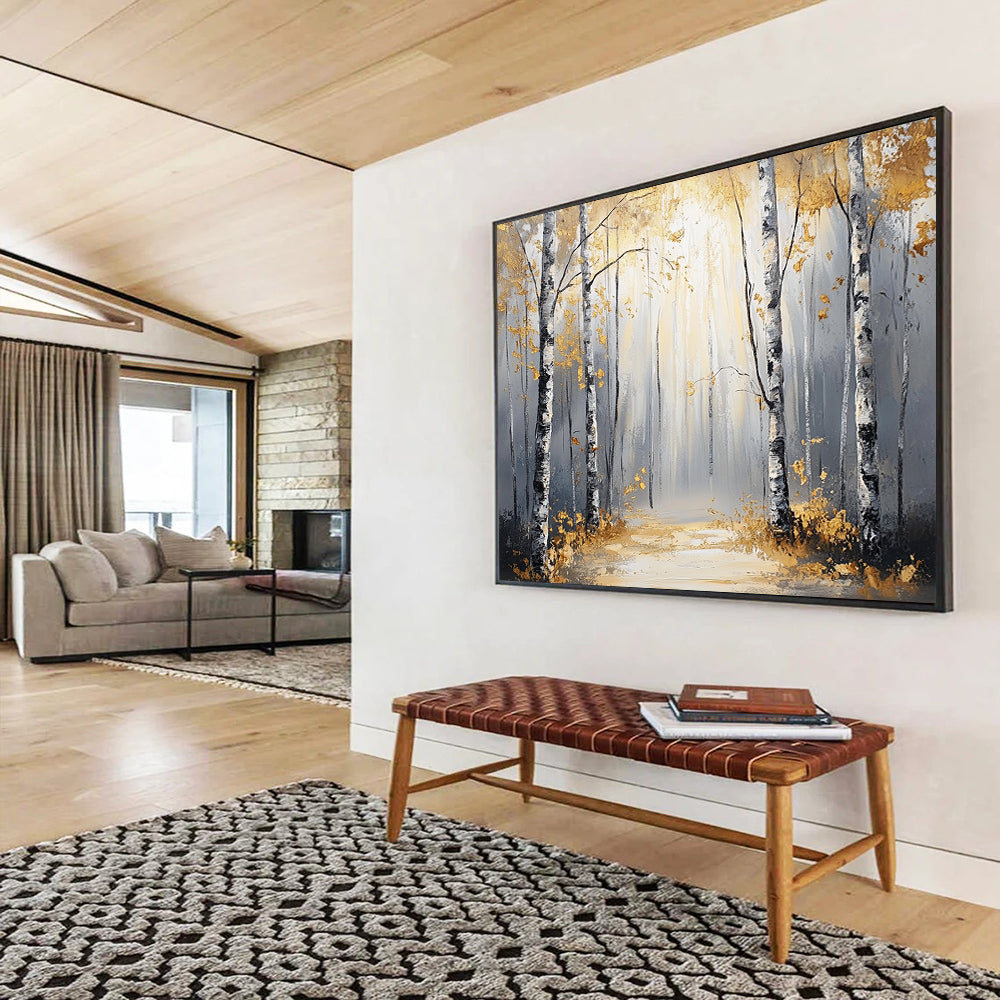 “Sunlit Golden Birch Forest Path” - Gold, Gray, Birch Trees, Forest Path - Abstract Landscape Painting HB1684