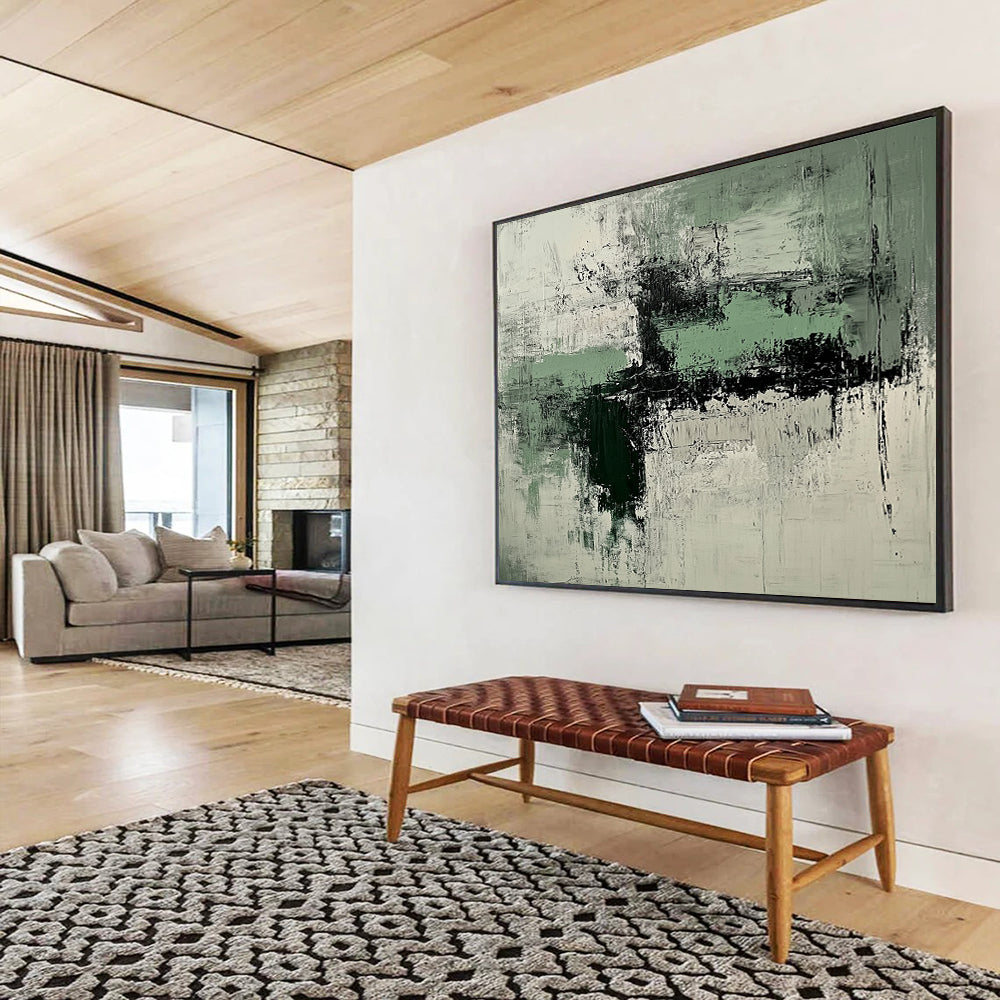 “Green and Gray Abstract Textures” - Green, gray, white, black; Textured abstract with green and gray; Acrylic Painting On Canvas HB1250