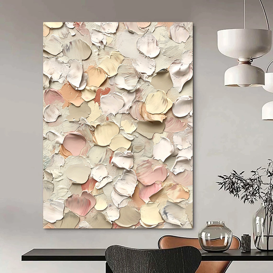 Large contemporary hand-painted abstract art featuring small flowers in cream and pink hues with thick impasto texture against a white background. DLZ0641