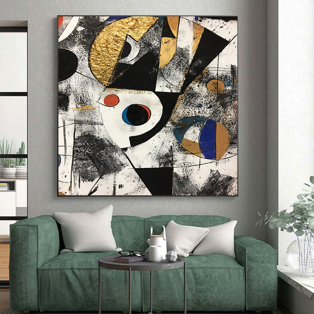 Black, White, Gold, Red and Blue Geometric Abstraction "Cosmic Collision" Painting On Canvas HB323