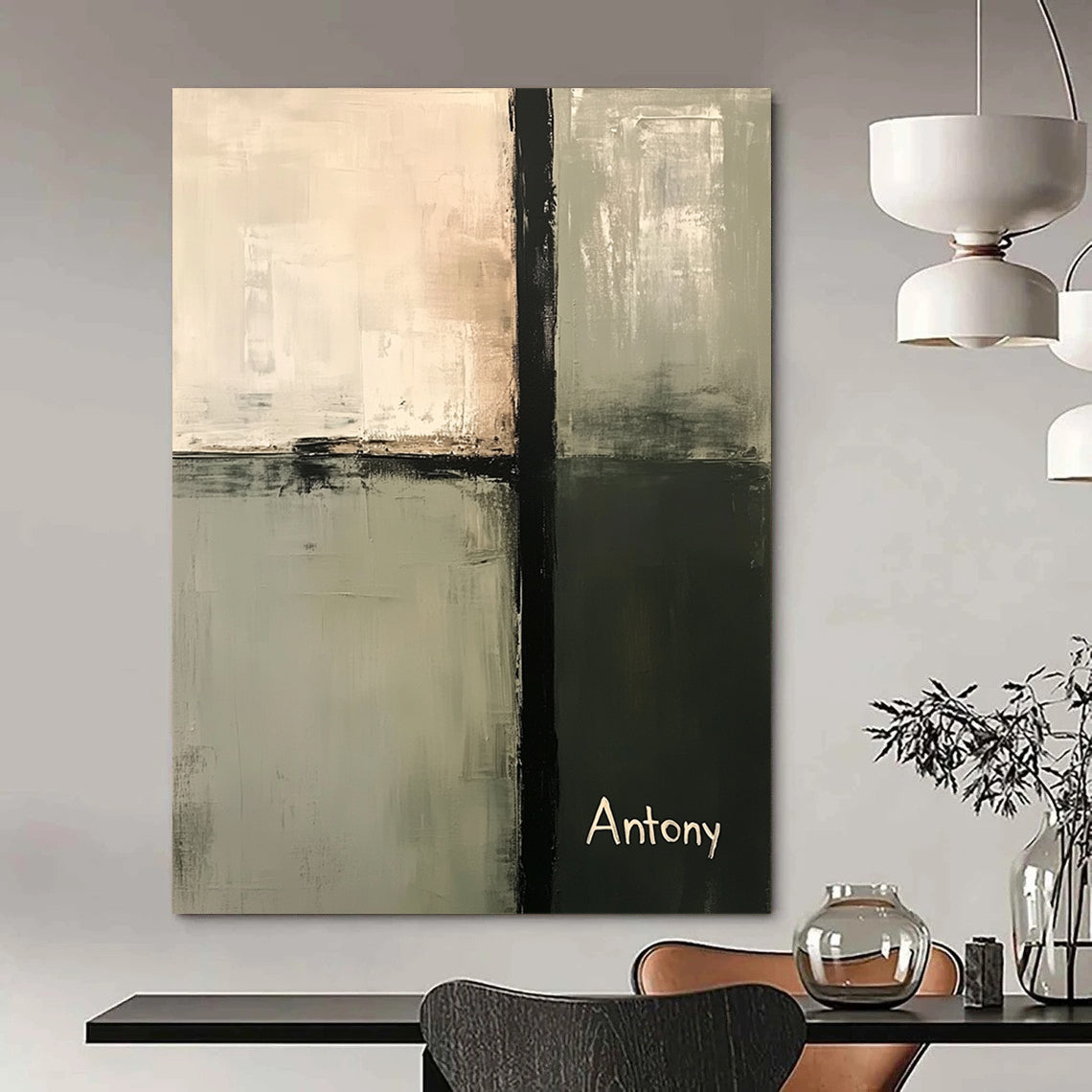 Contemporary abstract painting in neutral sage green and gray tones featuring a central tall vertical bar and the name Antony in the bottom corner. DLZ0434