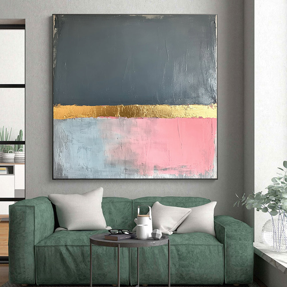 Gray, Gold, Pink, Blue, Horizontal Layers "Gilded Color Divide" Abstract Hard - Edge Painting On Canvas HB165