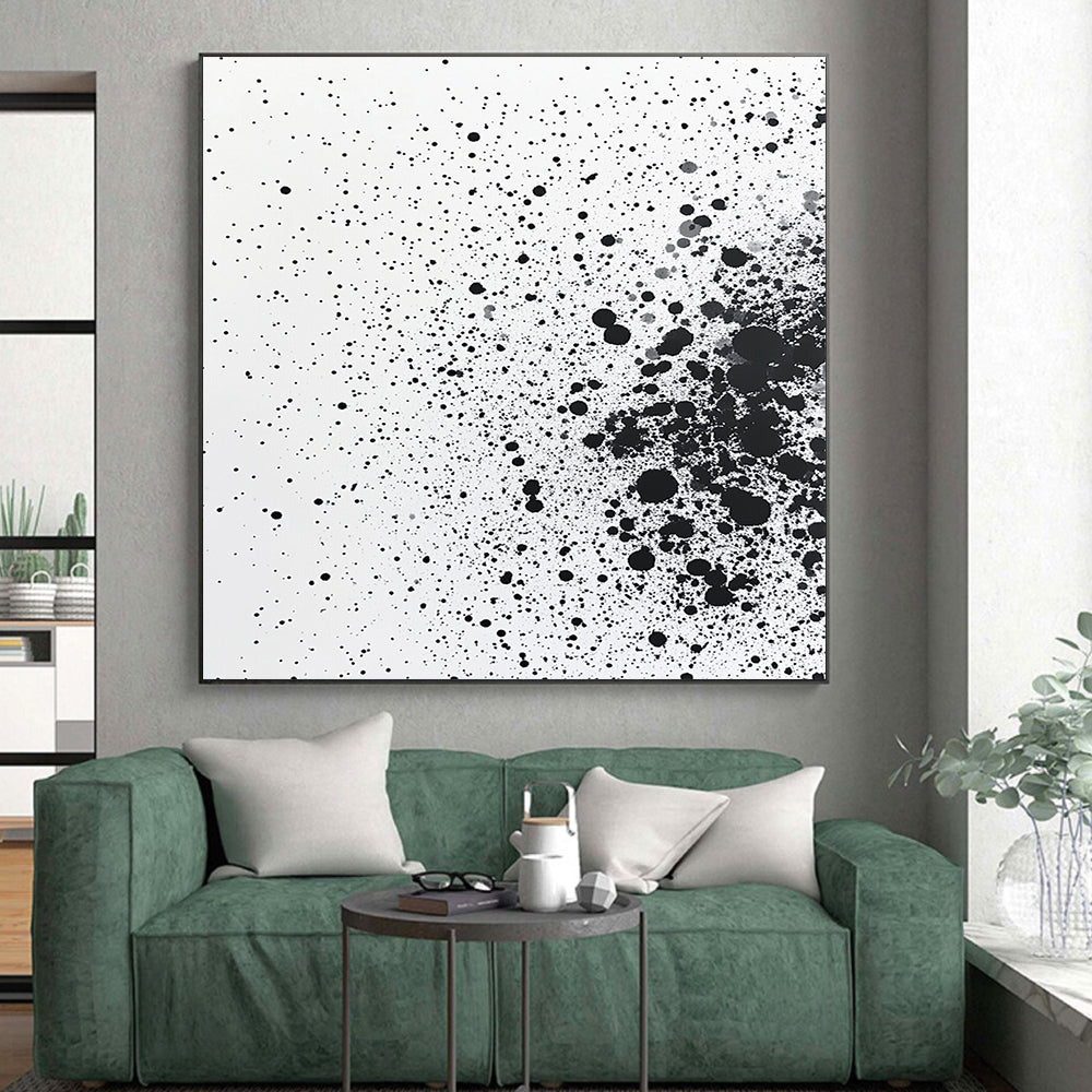 Black Dots & Splatter on White - “Random Ink Energy” Painting On Canvas HB226