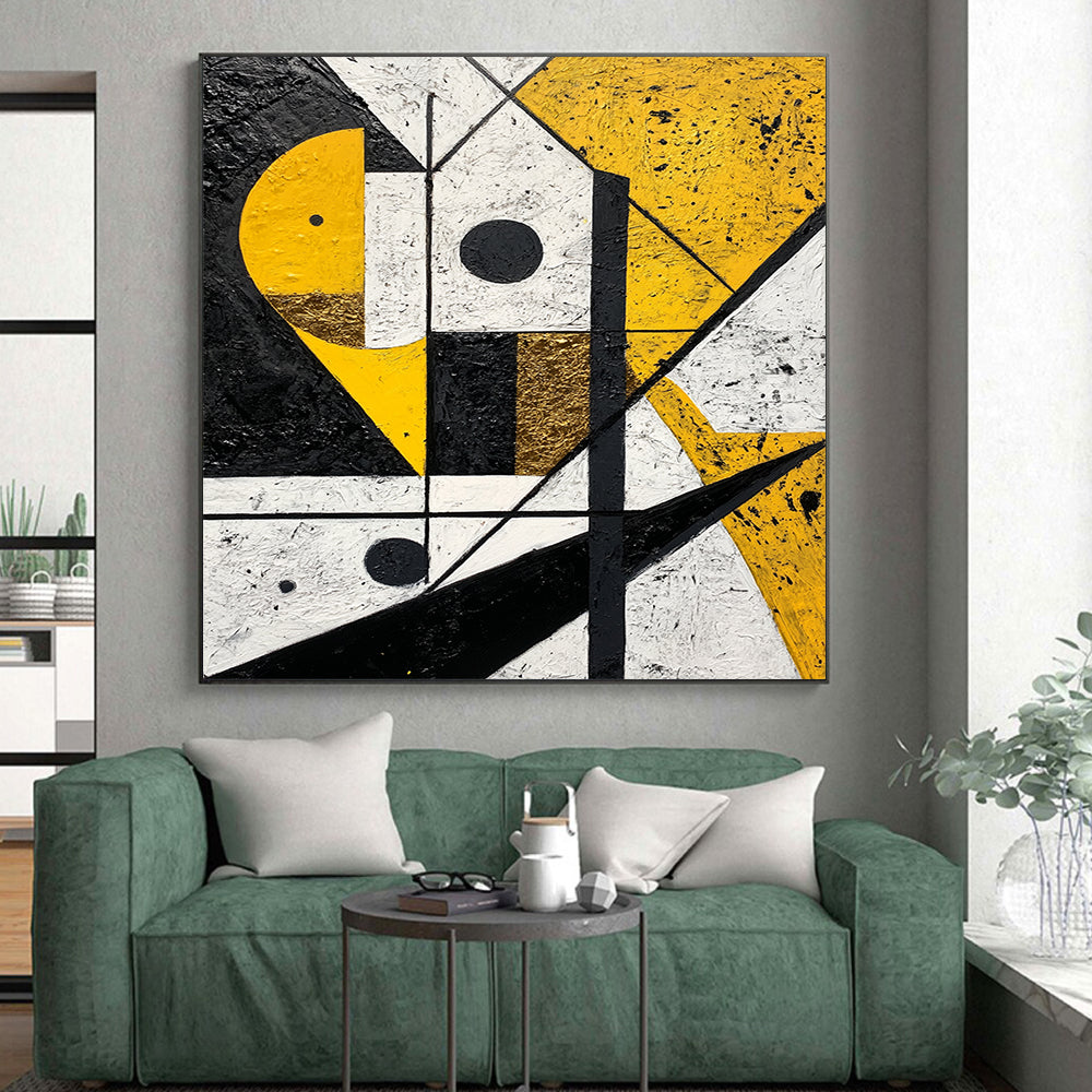 Black, White, Gold and Yellow Geometric Mosaic "Sunny Geometry" Painting On Canvas HB339