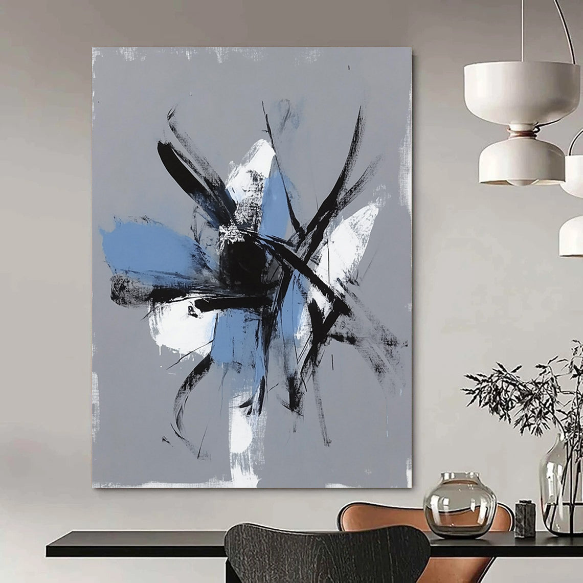 Contemporary hand-painted abstract art featuring expressive brush strokes and chaotic figures on a gray background with light blue accents. DLZ0305