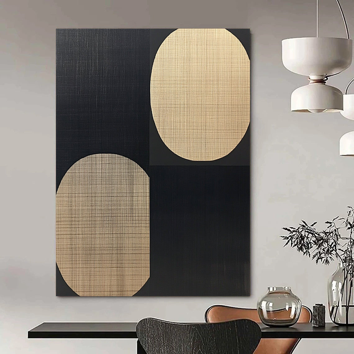 Large contemporary hand-painted abstract artwork features black and beige ovals on a warm wood grain background in a minimalist style. DLZ1600