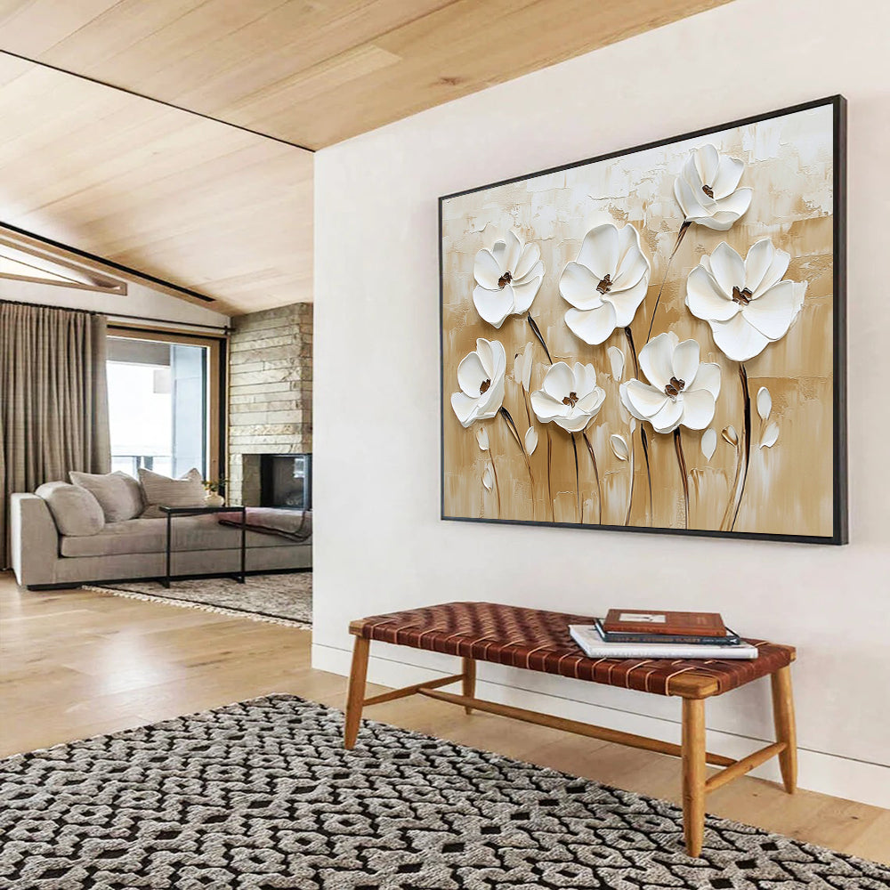 3D White Flowers on Beige - Textured Floral Relief Painting On Canvas HB0426