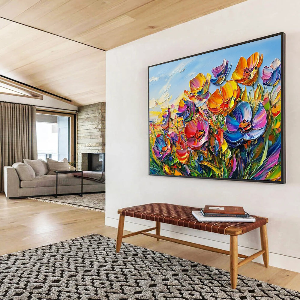 “Vibrant Colorful Flower Field” - Pink, Purple, Orange, Yellow, Textured Flower Field - Impasto Acrylic Painting HB1640