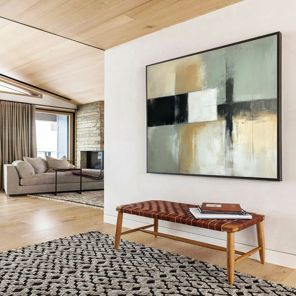“Subtle Geometric Abstract” - Beige, gray, white, black; Geometric abstract with soft color transitions; Acrylic Painting On Canvas HB1258