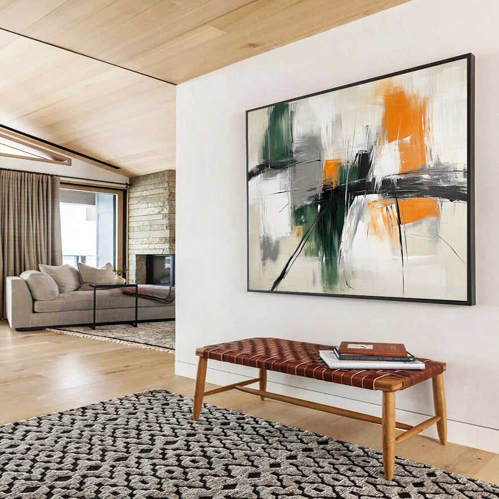 “Green and Orange Interplay” - Green, Orange, Gray, White, Abstract Strokes - Abstract Cubist - Inspired Acrylic Painting HB1552