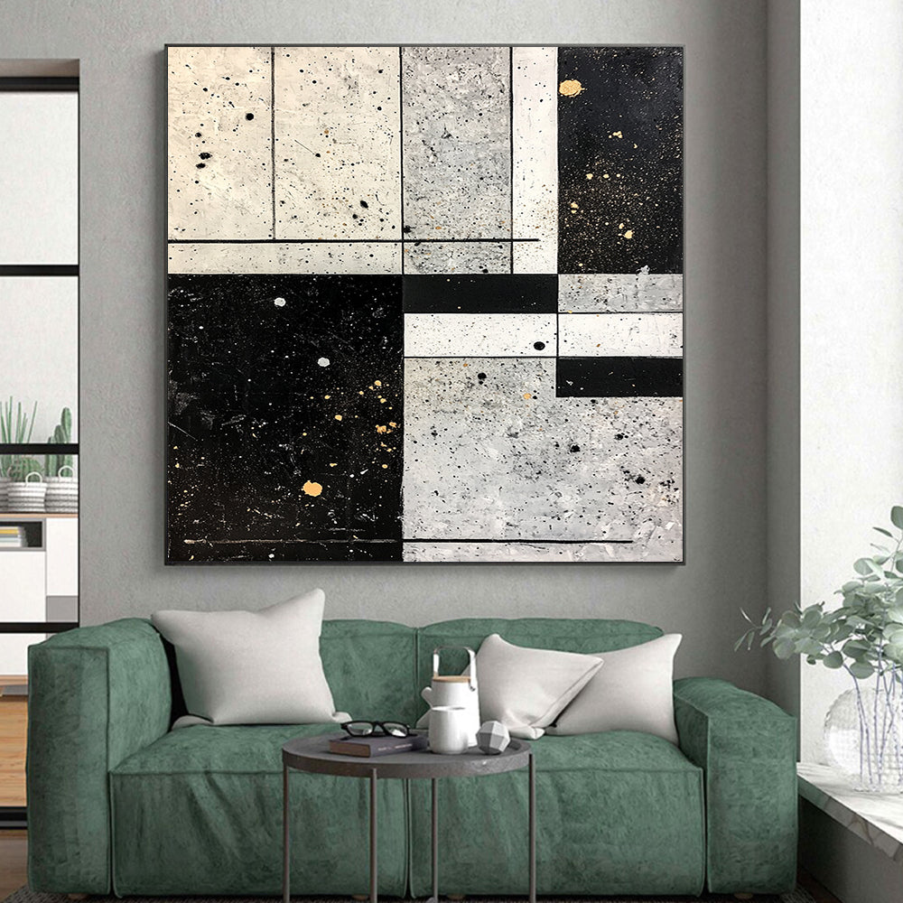 Black, White, Gray, Gold with Grid Splatter "Industrial Chic" Abstract Painting On Canvas HB015