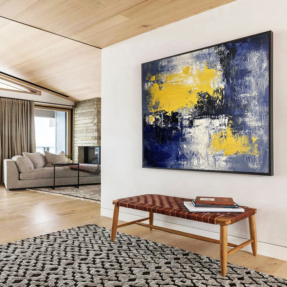 “Blue, Yellow, and White Abstract Landscape” - Blue, yellow, white, black; Abstract landscape with color blocks; Acrylic Painting On Canvas HB1222