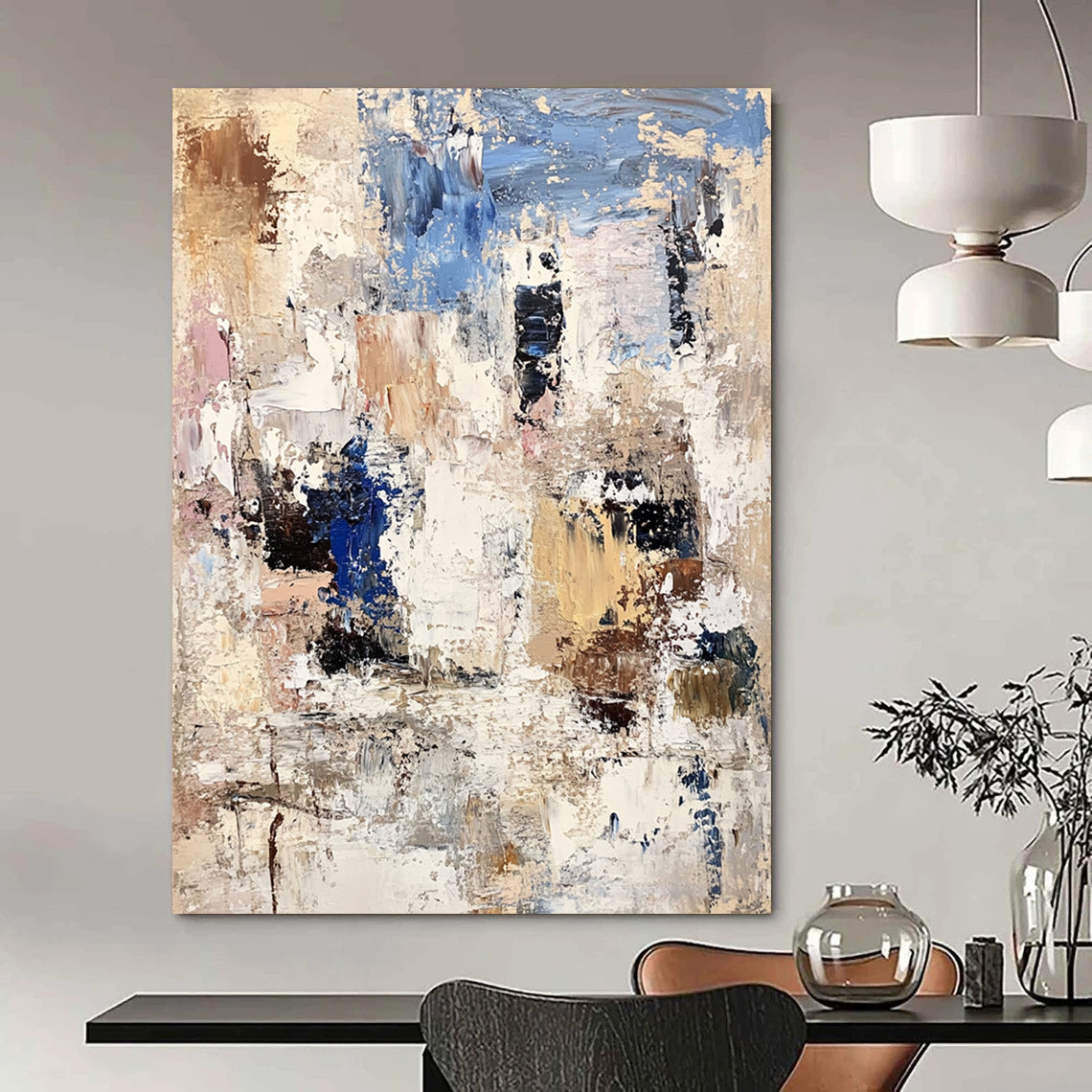 Contemporary abstract artwork showcasing textured white rocks and buildings with bold brushstrokes in beige, brown, blue, and gray. DLZ0898