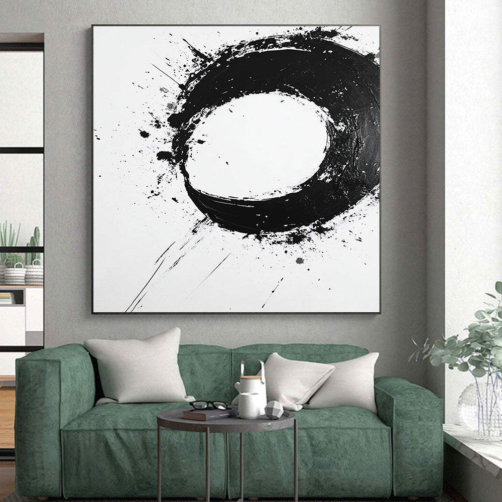 Black Splattered Circular Ink - “Expressive Enso Mark” Painting On Canvas HB232