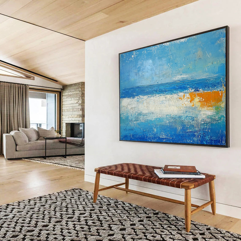 “Abstract Beach Horizons” - Blues, whites, oranges; Softly layered beach and sea; Color - Field Acrylic Painting On Canvas HB1185