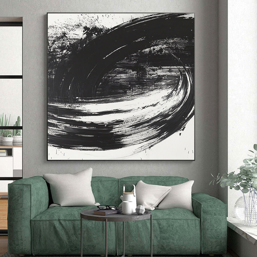 Black, White, Swirling Strokes "Monochrome Vortex" Abstract Modernist Painting On Canvas HB093