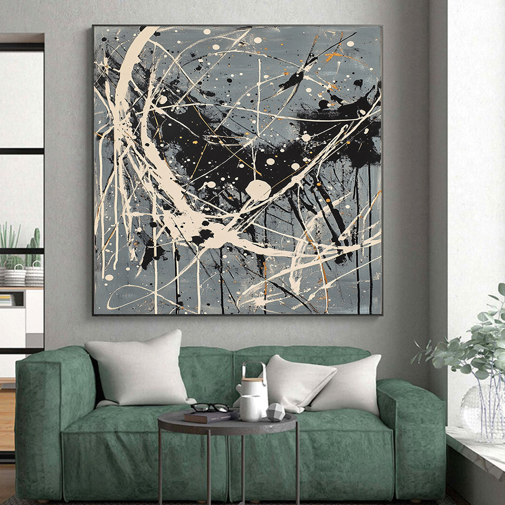 Gray, Black, White, Gold, Complex Drips "Starry Maze" Abstract Pollock - Inspired Painting On Canvas HB054