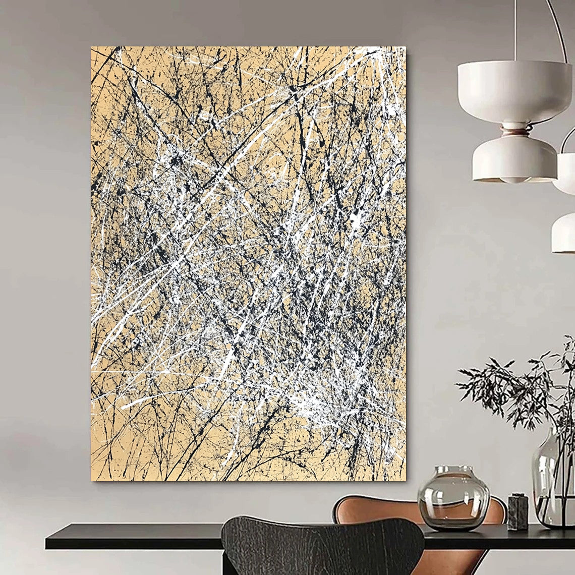 Contemporary hand-painted abstract artwork features dynamic brush strokes and expressive composition in white and black against a light brown background. DLZ1162