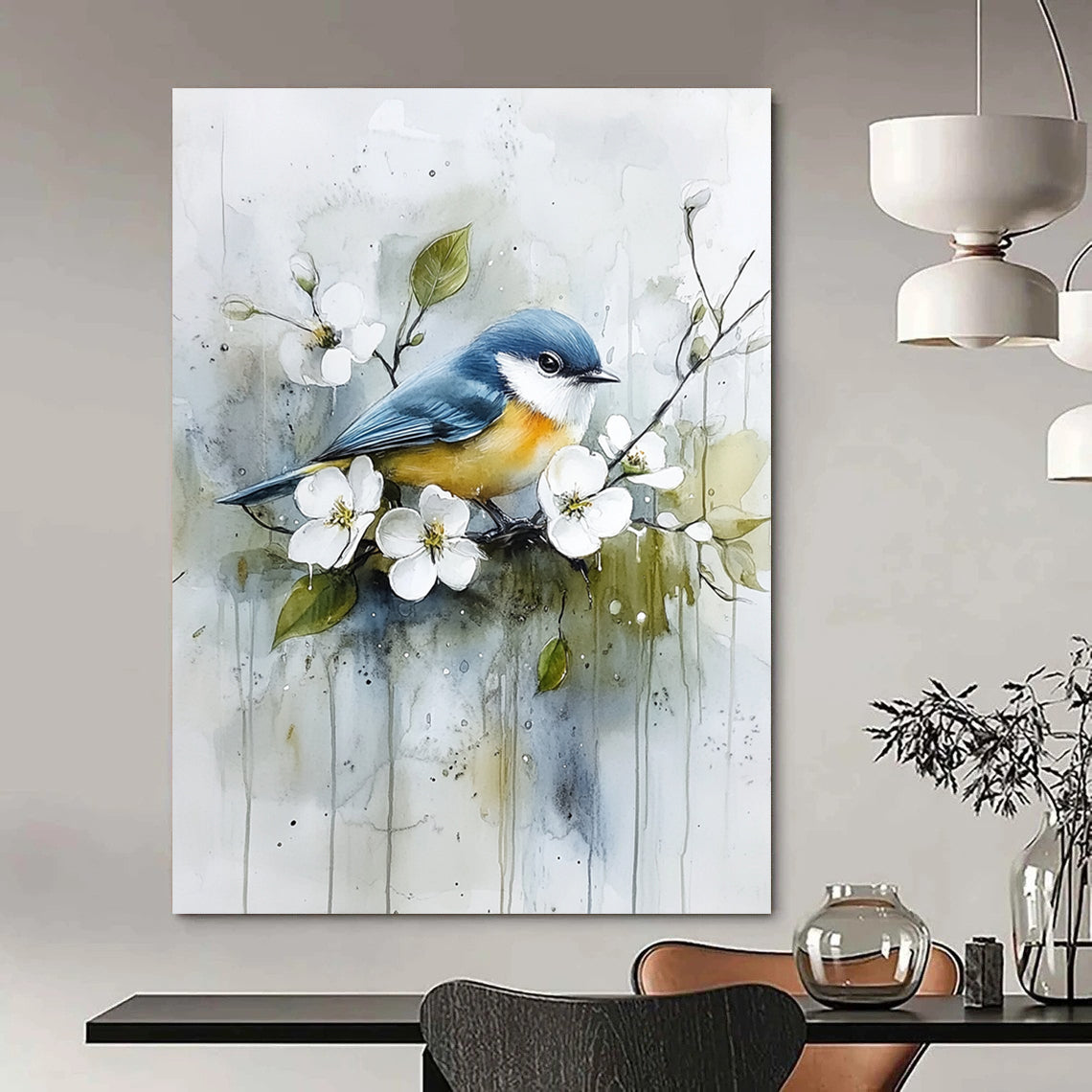 Contemporary abstract art featuring a blue and yellow bird on a branch among white flowers and green leaves with soft watercolor effects. DLZ1122