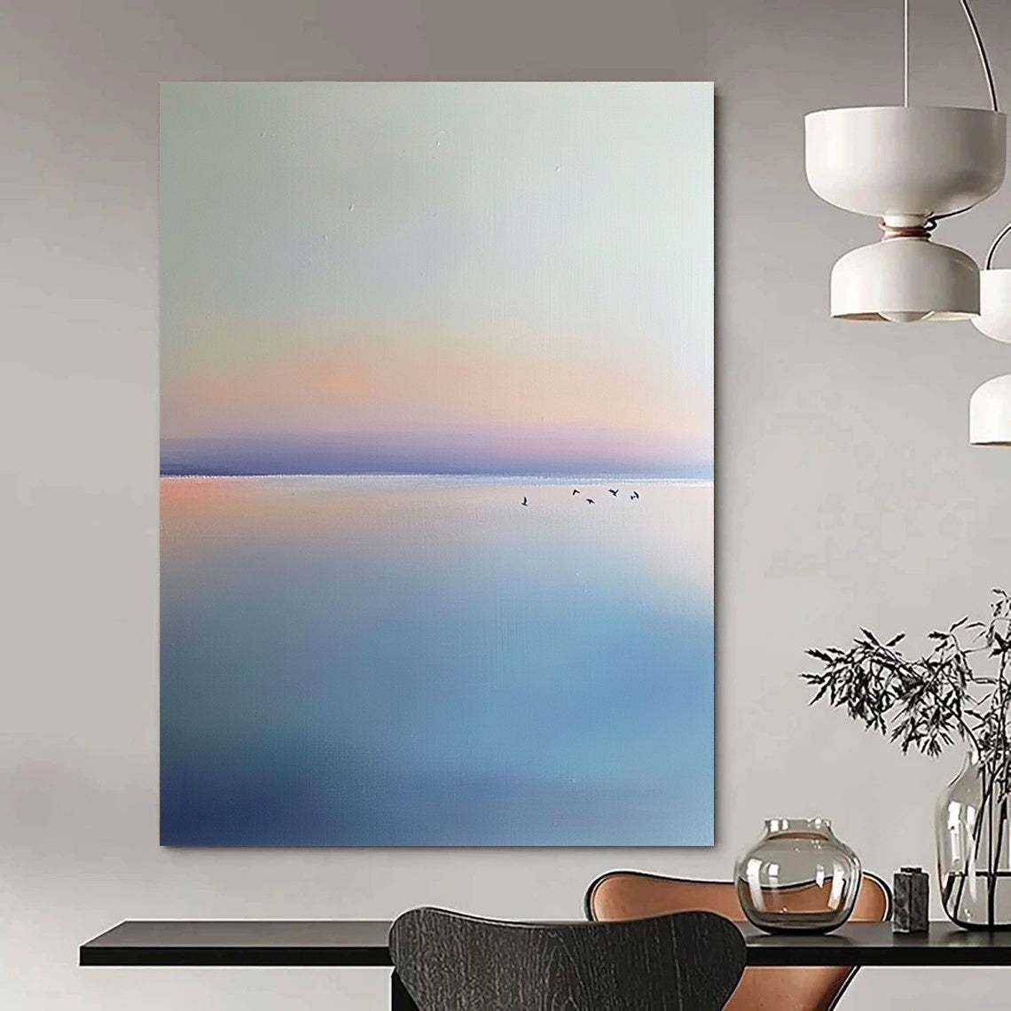 Contemporary hand-painted abstract artwork featuring a light blue and purple sky, birds, calm horizon, and serene beach in a minimalist style. DLZ0648