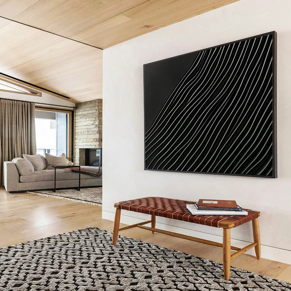 “Curved Black & Silver Lines” - Blacks, Silvers, Abstract Wave Lines - Mixed Media Art HB1623