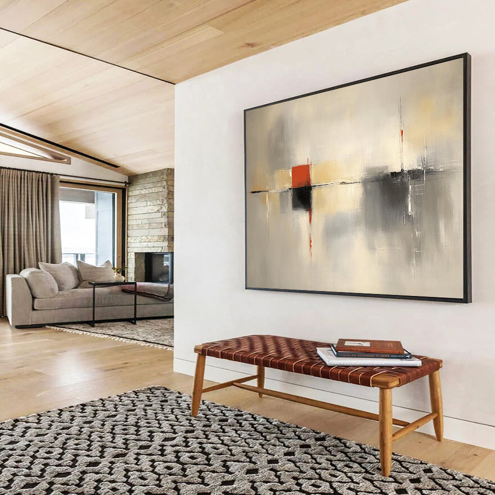 “Gray and Red Abstract Composition” - Gray, beige, white, red; Abstract composition with geometric elements; Acrylic Painting On Canvas HB1283