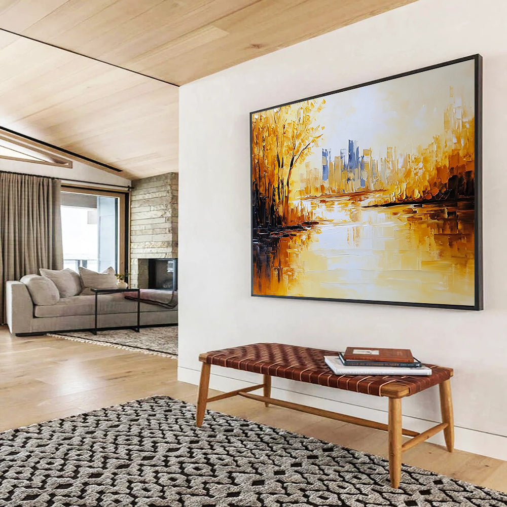 “Golden Cityscape” - Gold, Blue, Yellow, Shimmering City and Reflective River Painting On Canvas HB0934