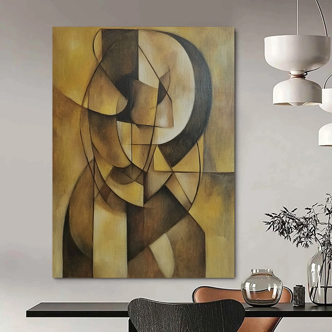 Contemporary hand-painted abstract artwork featuring geometric shapes and earthy tones on a muted yellow background, emphasizing depth and simplicity. DLZ1238