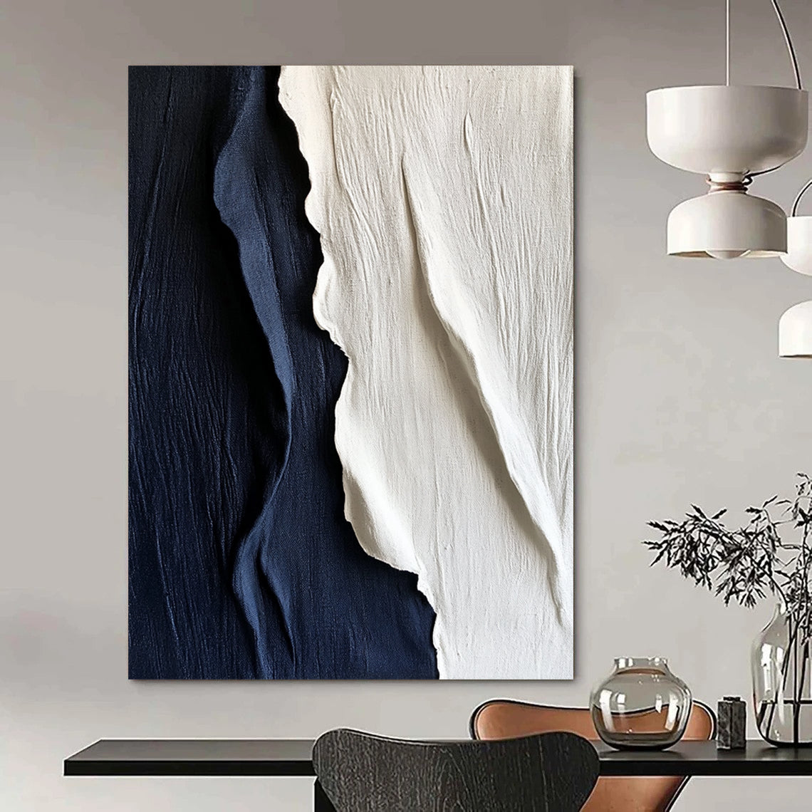 Contemporary hand-painted abstract artwork features textured white and navy blue silk, elegantly draping to create a striking visual impact on any wall. DLZ1250