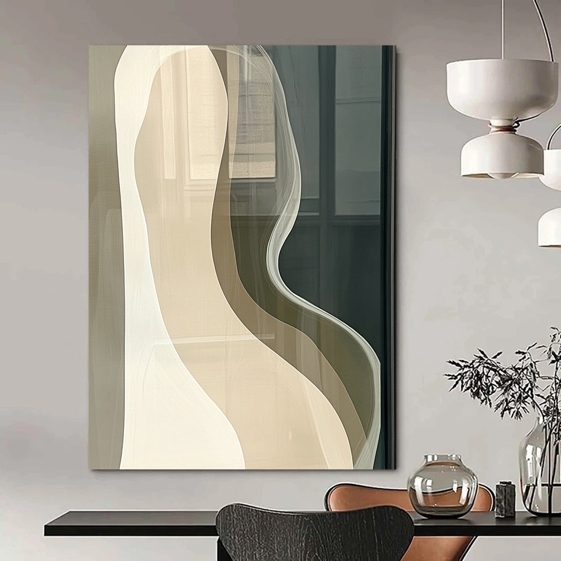 Large contemporary hand-painted abstract artwork features beige and white curved lines on a dark gray background, evoking calm minimalism for modern interiors. DLZ1189