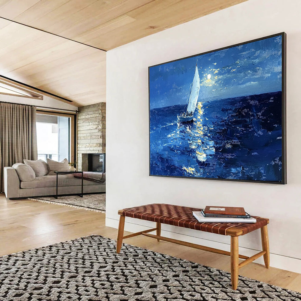 “Moonlit Sailboat” - Deep Blue, White, Yellow, Sailboat on Moonlit Sea - Impasto Oil Painting HB1696