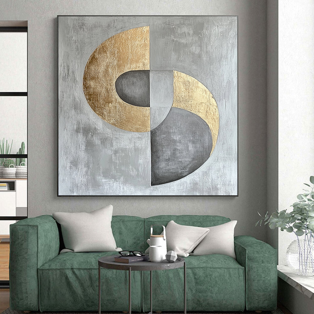 Gray, Silver and Gold Geometric Abstraction "Harmonious Circles" Painting On Canvas HB398