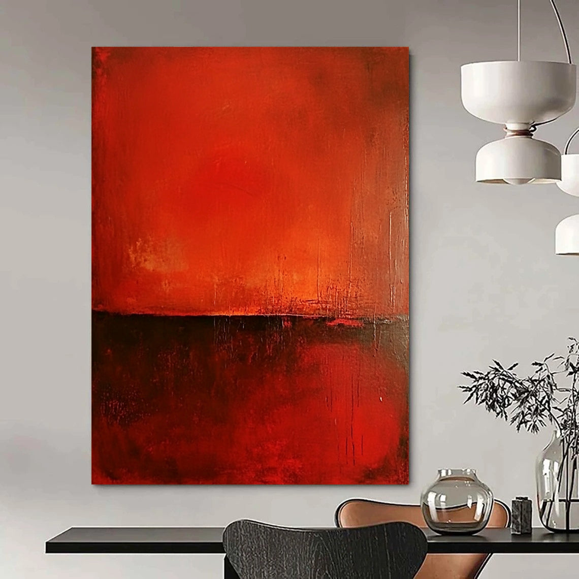 Contemporary abstract painting features a rich red background, smooth red surface, and warm dark brown accents, creating minimalist atmospheric depth and intriguing textures. DLZ1448