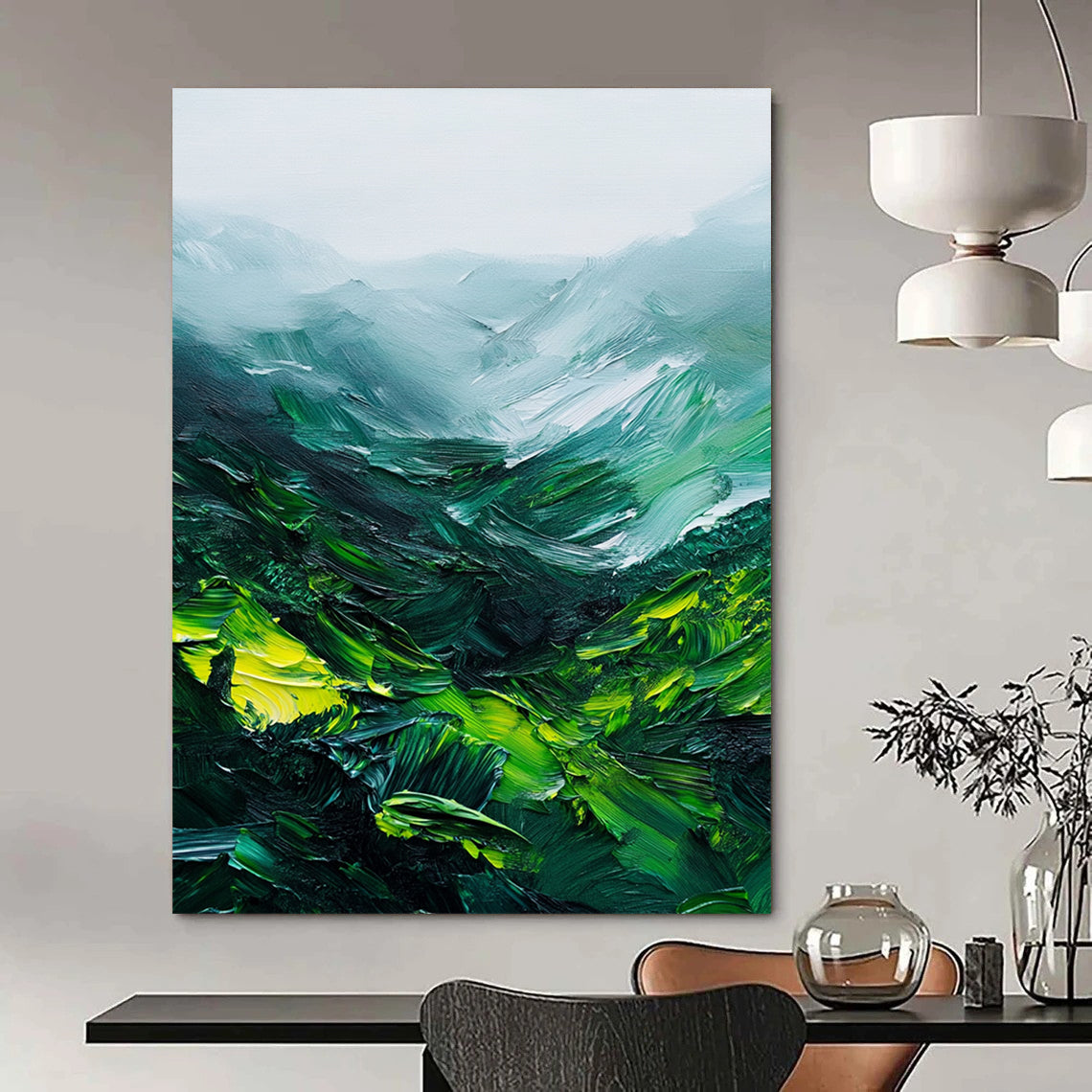 Contemporary abstract painting showcasing thick green mountains with rich brushstrokes and a misty atmosphere on white background. DLZ0623