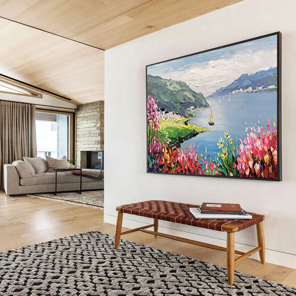 Lakeside Village with Sailboat - Romantic Living Room or Bedroom Art DLZ209