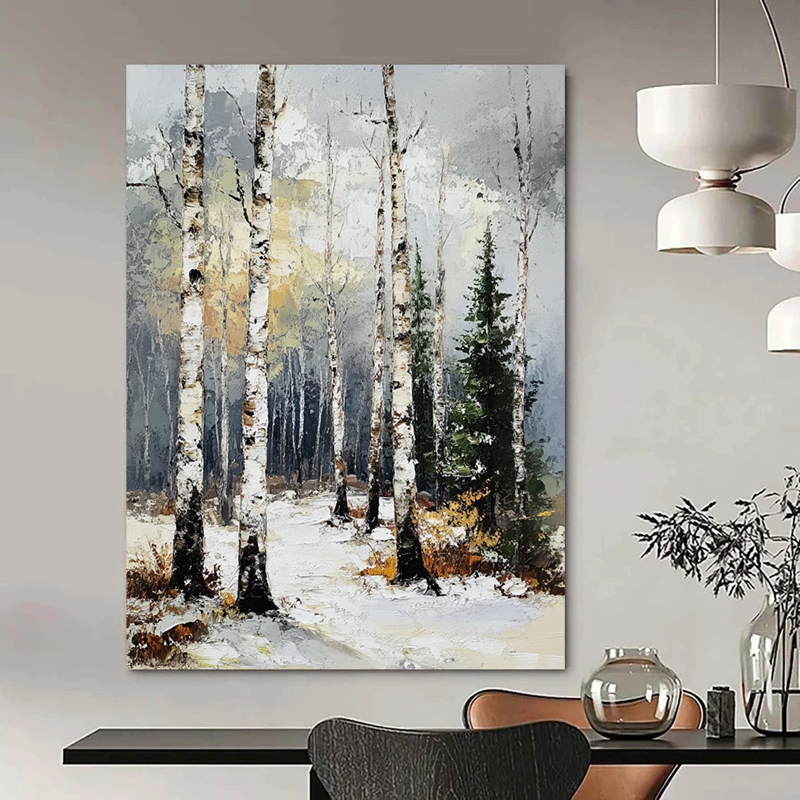 Contemporary abstract artwork featuring a birch forest in winter with textured brush strokes and a muted color palette of gray, white, and yellow. DLZ1673