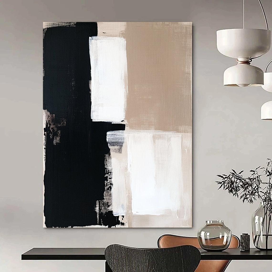 Contemporary hand-painted abstract artwork in beige and black tones, featuring white squares on a clean white background, perfect for modern decor. DLZ0694